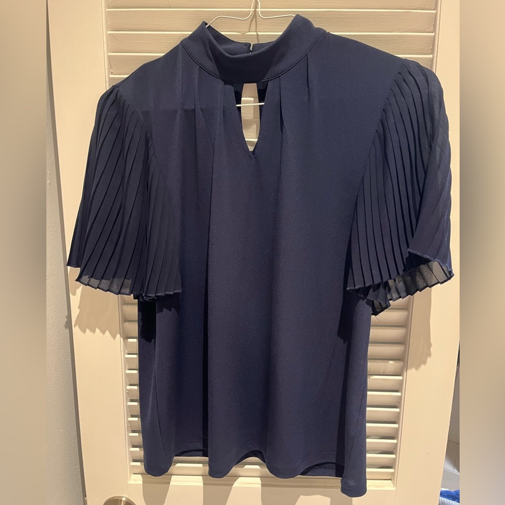 Elegant Navy Pleated turtle neck sleeve  Top